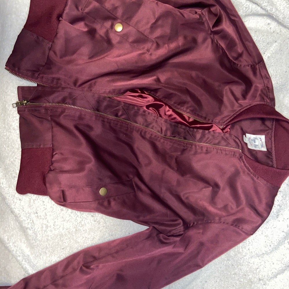 Long sleeve, maroon bomber jacket